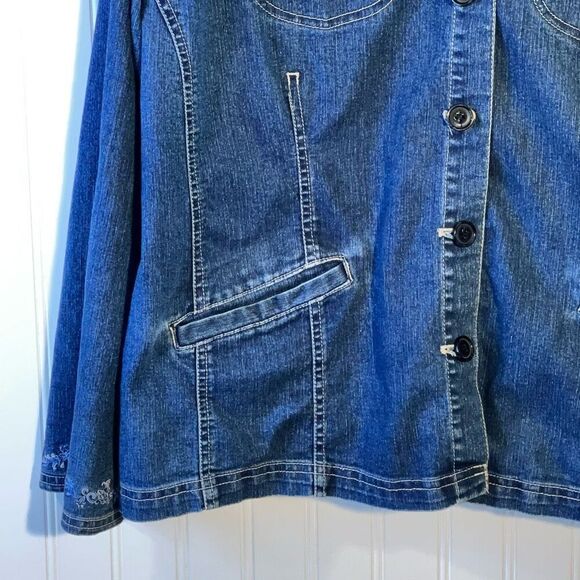 Erika Denim Jacket Womens Size Xlarge Blue Embroidered Floral Button Up Long Slv - Picture 4 of 12